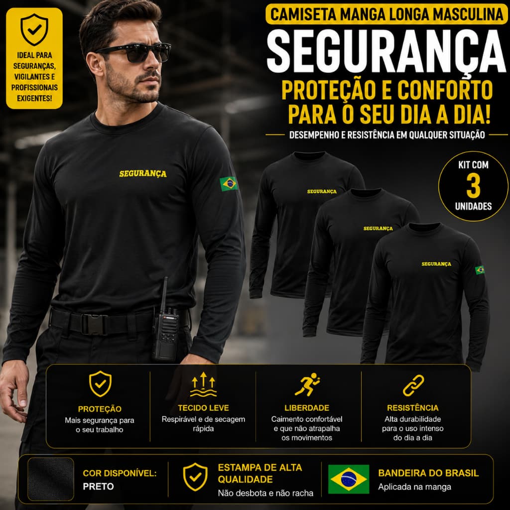 Kit 3 Camisetas Masculina Dry Uniforme Segurança Manga Longa