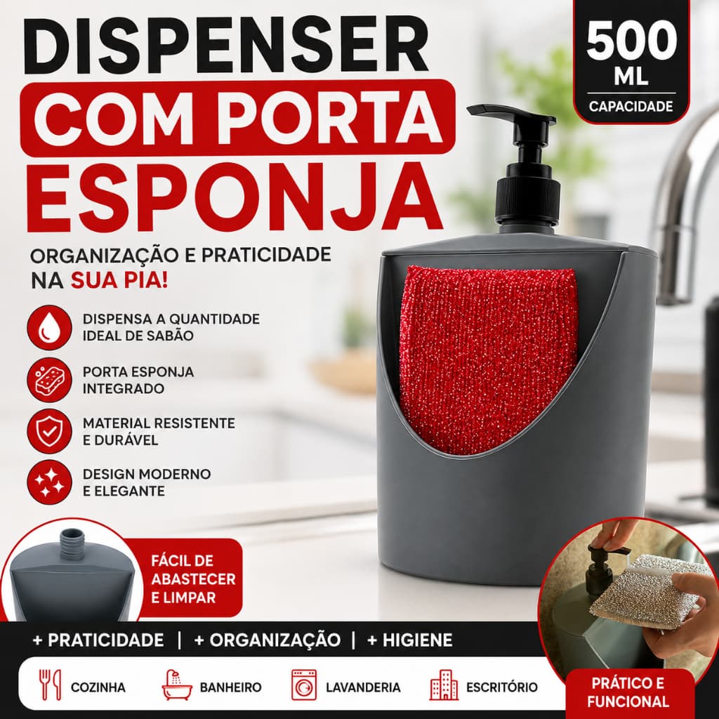 Dispenser com porta Esponja / Porta sabão liquido e esponja
