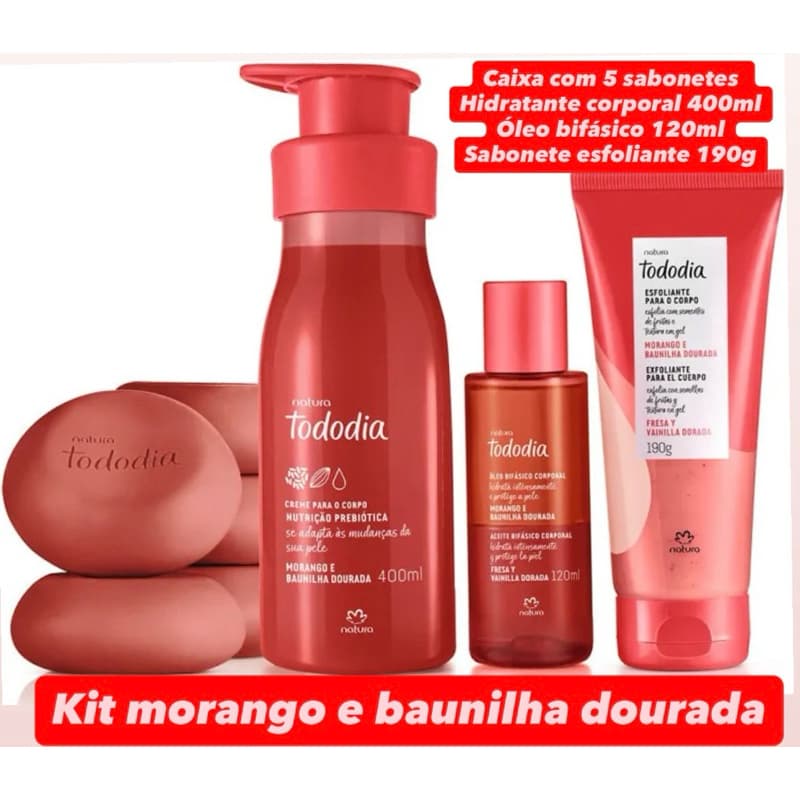 Morango e baunilha dourada natura Tododia lançamento kit body splash com hidratante- Variações