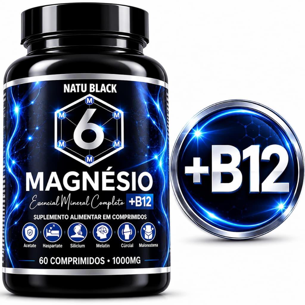 6 MAGNÉSIO + B12 MELTICOBALAMINA Original 60 Comprimidos 1000 mg - POTE PARA 02 MESES USO