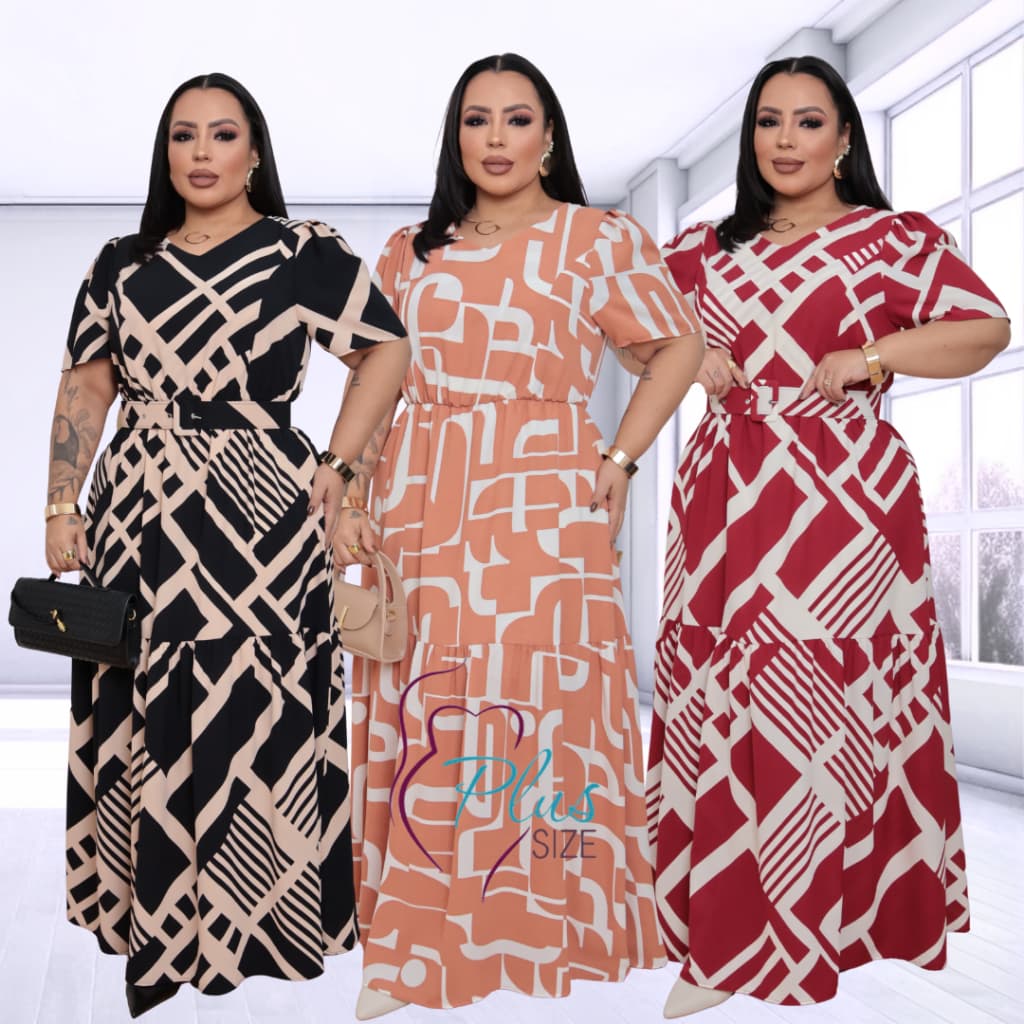 Vestido Longo Plus Size Feminino Estampado Com Cinto E Manga Princesa Moda Evangélica Casual Modesto