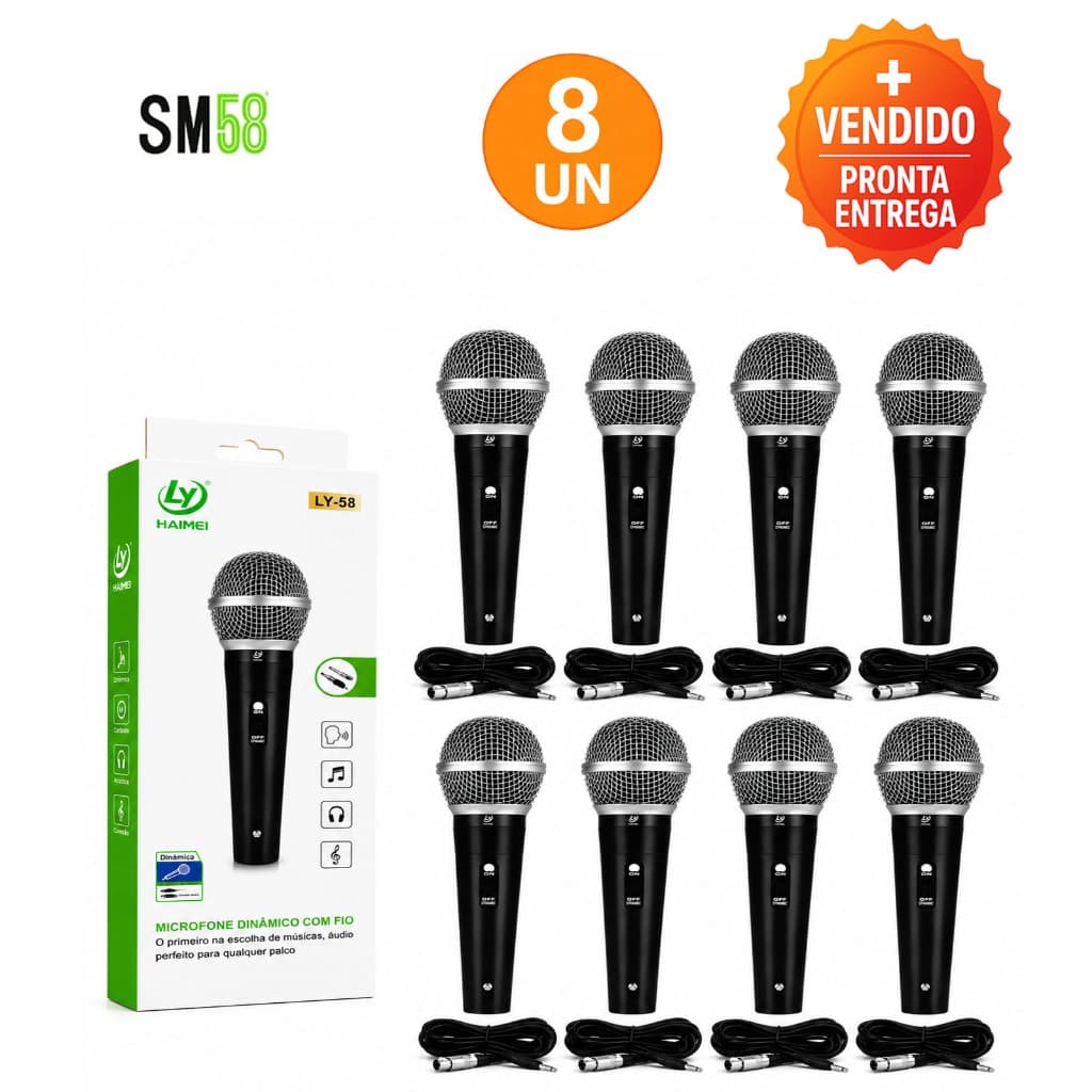 KIT 8 Microfone Com Fio 5 Metros Grosso Dinâmico SM58 Karaokê Igreja Palestra Som Profissional