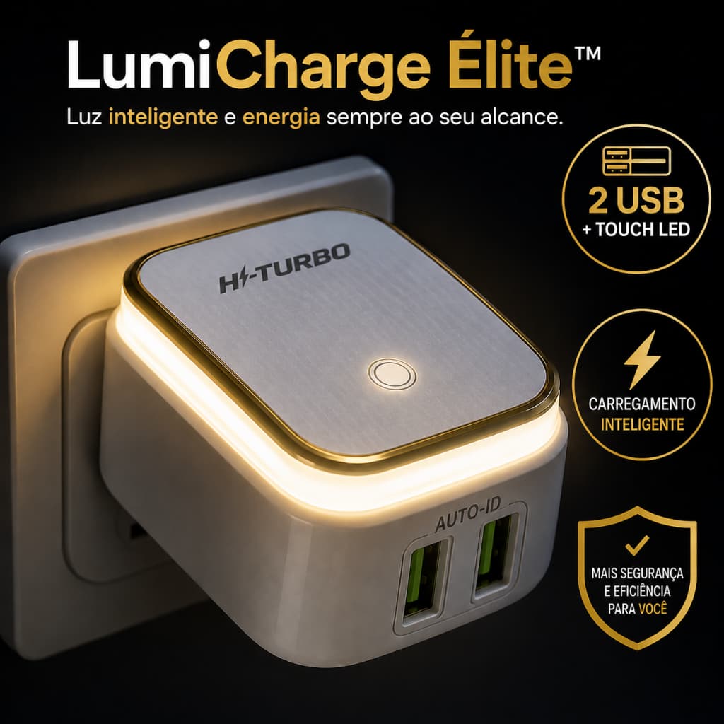 LumiCharge Élite™ Carregador USB Duplo 2.4A Com Luminária LED Touch Luz Noturna Bivolt