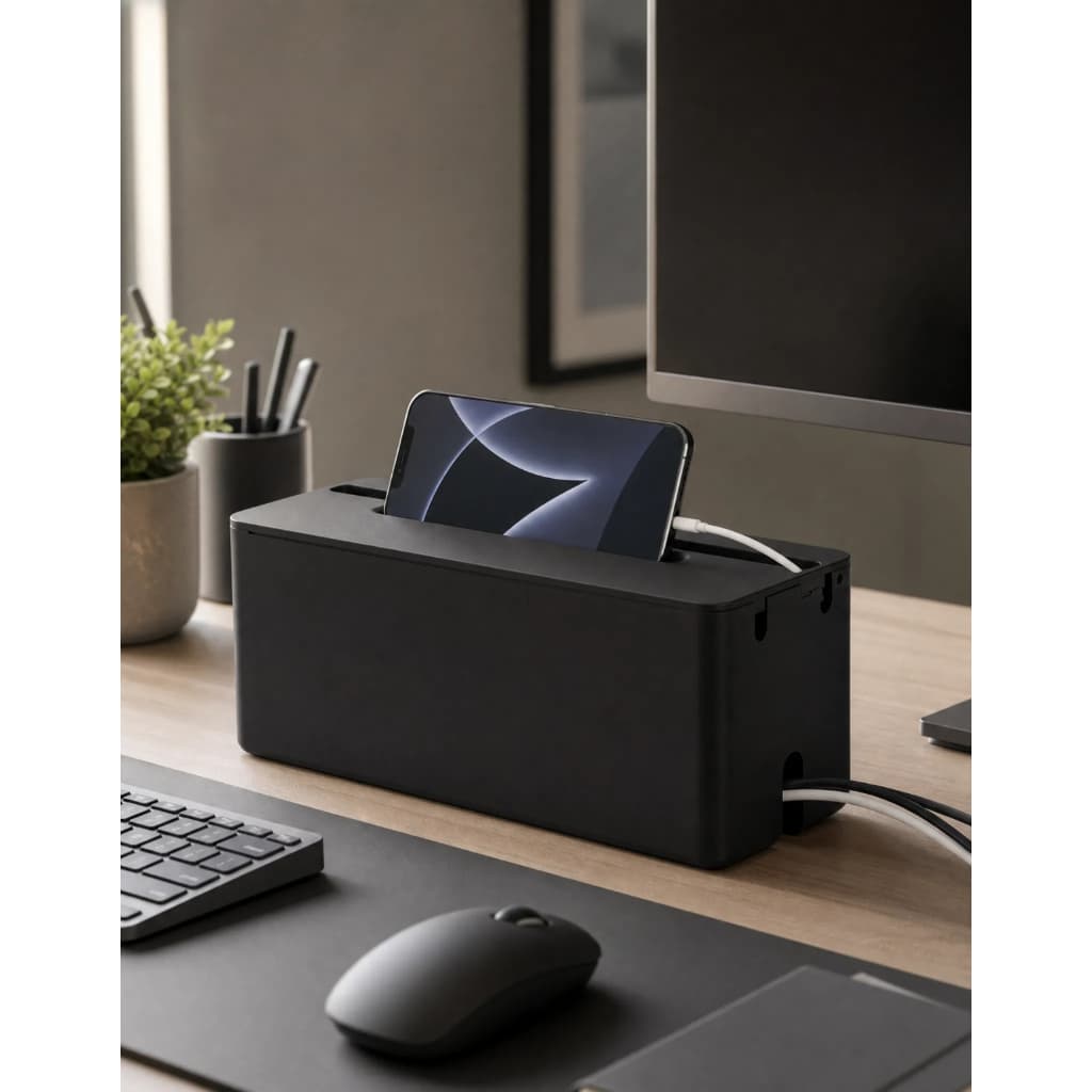 Caixa Organizadora Fios Cabos Arthi Preta Esconde Regua Tomada Suporte Celular Mesa Home Office