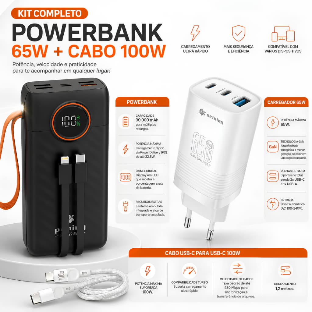 Kit Power Bank 30.000mAh + Carregador 65W + Cabo 100W