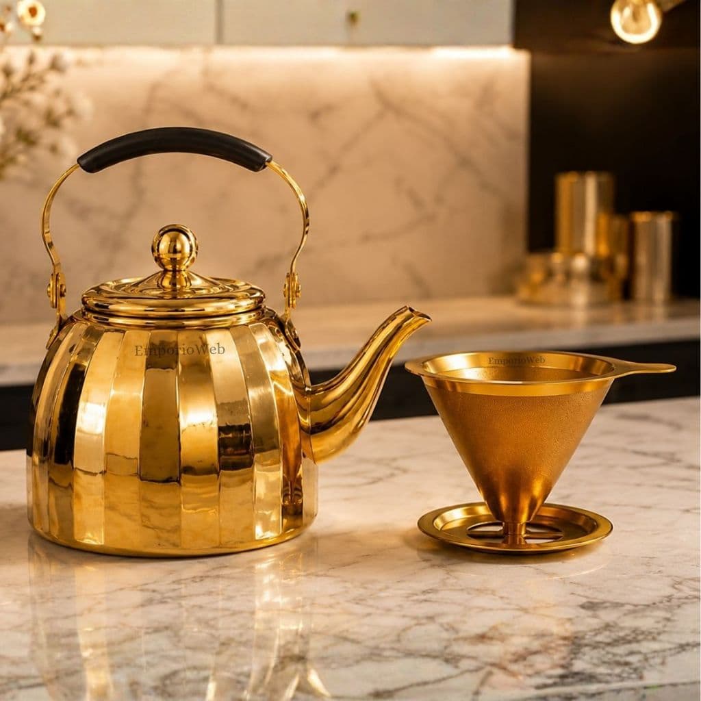 Kit Café Dourado Bule 1 Litro com Coador Inox Conjunto Elegante Mesa Posta Presente Premium