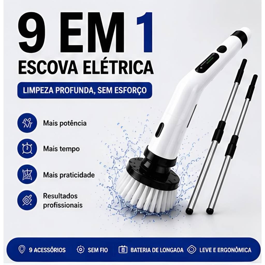 Kit 9 em 1 Escova Elétrica Giratória 9 em 1 Power Clean com Cabo Alongador Limpeza Pesada Prática