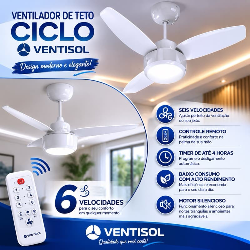 kit com 2 Ventilador de Teto Ciclo Inverter C/Controle remoyo Bivolt  ventisol