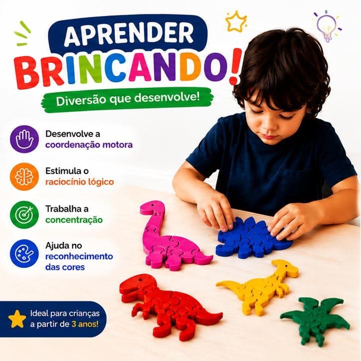 Quebra Cabeça Infantil Dinossauros Educativo Coordenação Motora Raciocínio Lógico 5 Peças