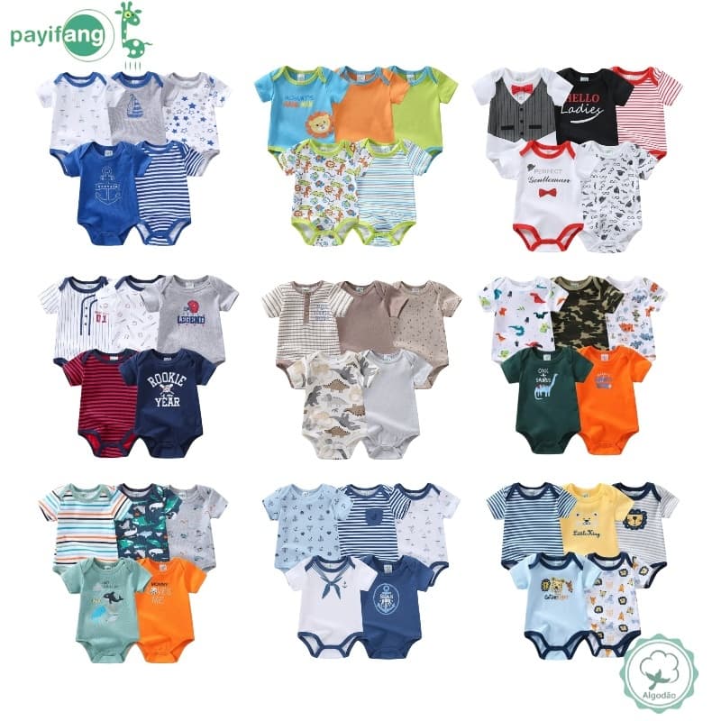 Pjamas De Bebê Kit 5 Peças Body Bebe Regata Liso 60% Algodão Menino Alcinha 100%Roupa de Bebê 0-12 meses