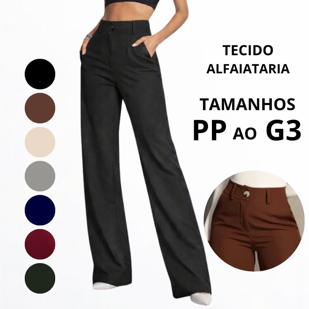 Calça Pantalona Wide Leg Alfaiataria Feminina Cintura Alta Elegante e Confortável Moda Social e Casual Tamanhos PP ao G3