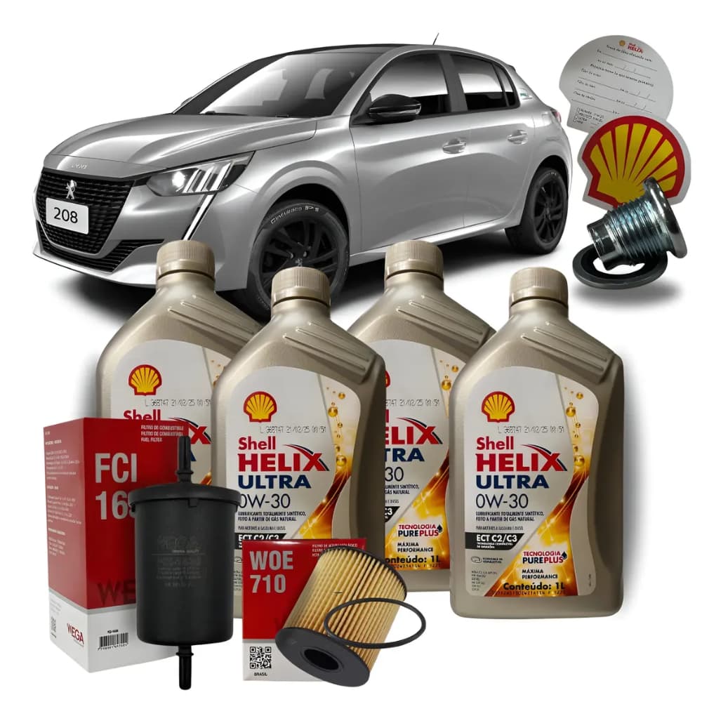 Kit Revisão Troca De Óleo 0w30 Shell Peugeot 208 1.6 2021 2022 2023 2024.