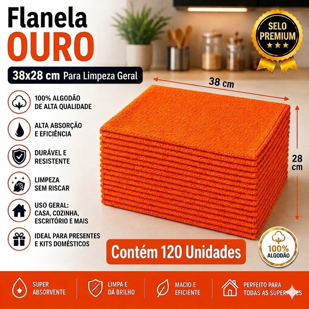 Kit 120 Flanelas de Algodão para Limpeza Laranja Multiuso 28x38cm – Alta Absorção e Durabilidade