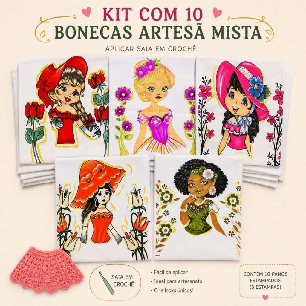 Kit 10 Panos de Prato BONEQUINHAS Misto 70cm X 45cm 100% Algodão Decoraçao Artesanato