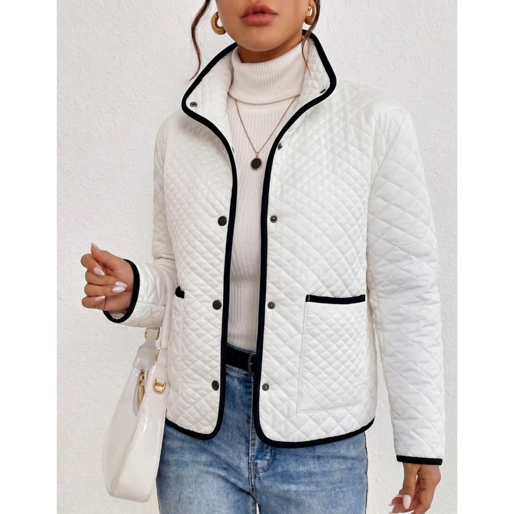 Jaqueta Feminina Matelassê Gola Alta Botões Frontais Elegante Inverno Moda Blogueira