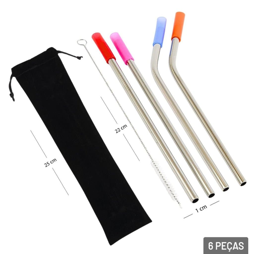 Kit 6 Canudos de Inox 23cm com Limpador e Estojo – Canudos Reutilizáveis em Aço Inoxidável, Ecológico, para Bebidas Fria