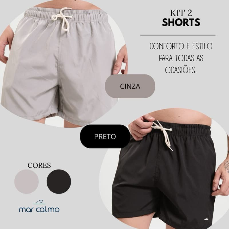 KIT 2 SHORT LISO ELASTANO PREMIUM 3 BOLSOS CADARÇO CRU CORRIDA ACADEMIA PRAIA PISCINA CASUAL
