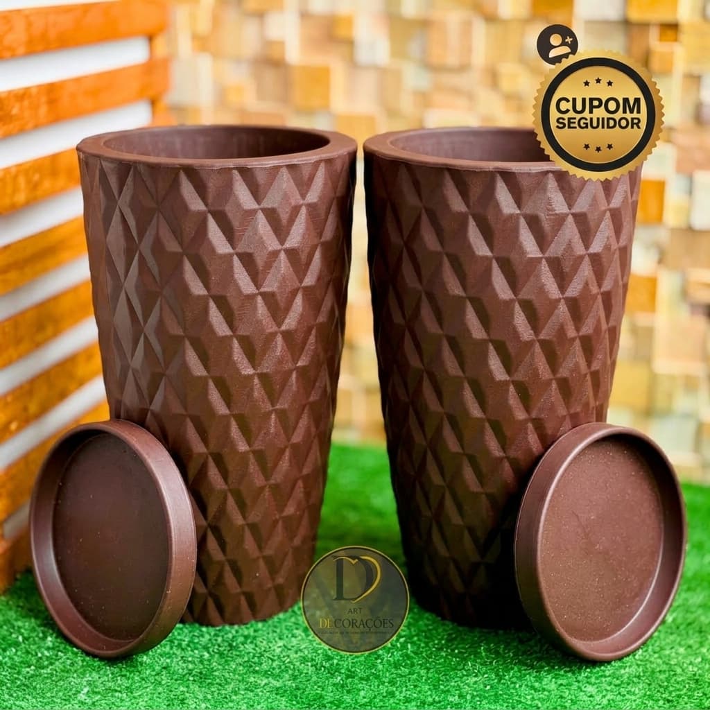 Kit 2 Vasos Grandes Decorativos para Plantas em Polietileno Coluna Diamante G com Prato