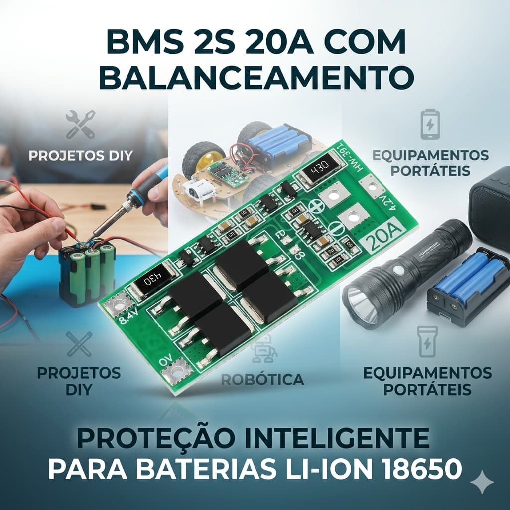 Placa BMS 3S 20A 18650 com Proteção Células Verde
