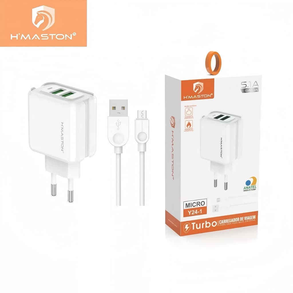 H'maston Y24 Carregador Turbo 20w Fonte Torre Carregar Portátil 2 Usb 5.1A Com Cabo Usb V8.IPhone.Tipo-c