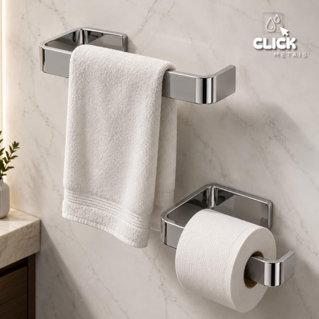 Kit 2 peças Acessórios para Banheiro Cromado Lavabo Porta Toalhas e Suporte para Papel Higiênico