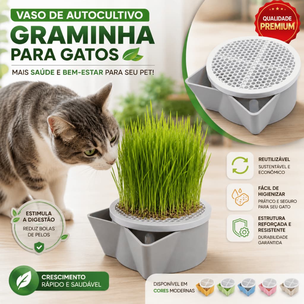 Vaso Graminha para Gato - Vasinho Autocultivo Reutilizavel Grama para Gatos - Grátis 50 gramas de mix de sementes