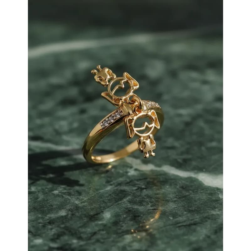 ANEL FILHOS DUAS MENINAS C DETALHE ZIRCÔNIA FOLHEADO Á OURO 18K