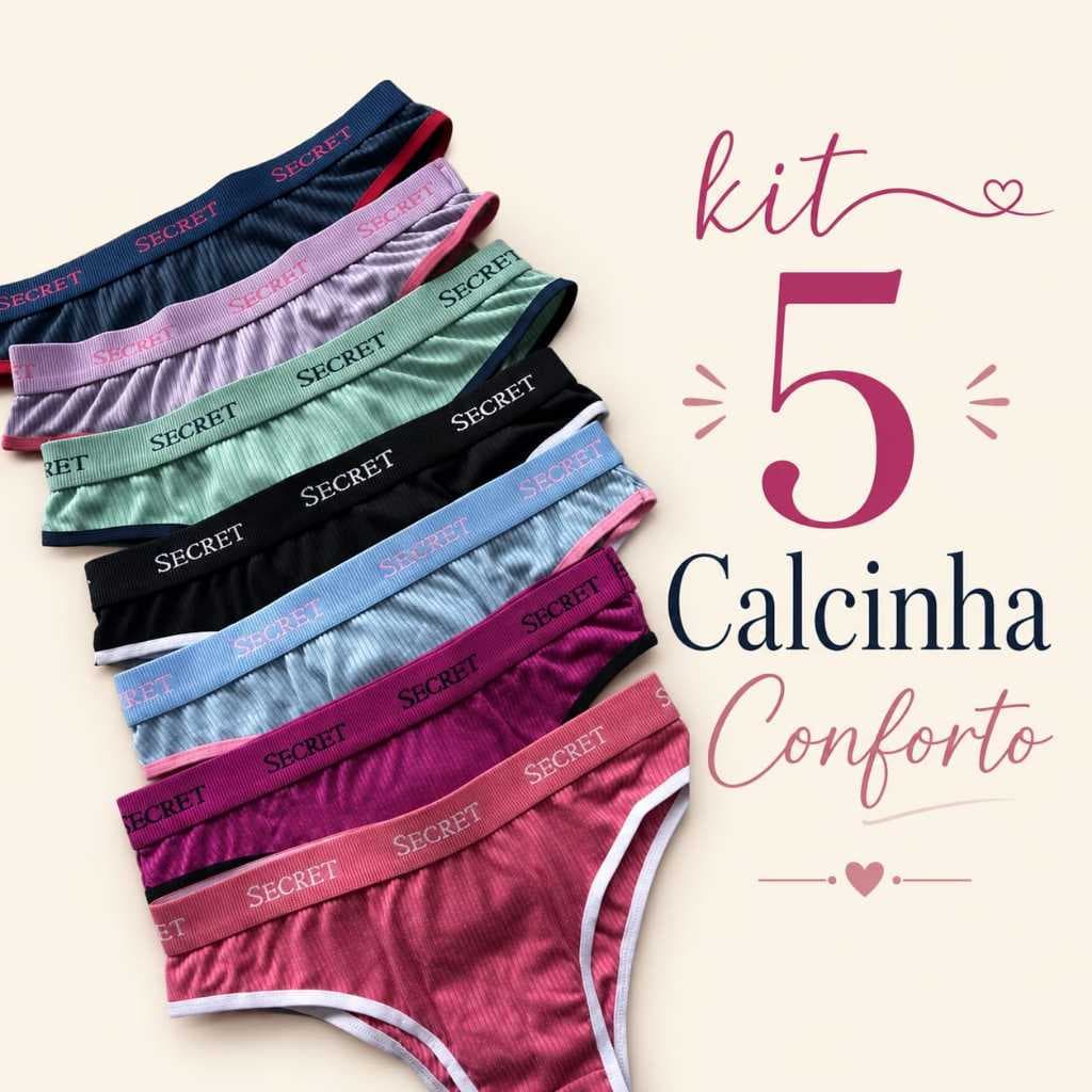 Kit 5 Calcinhas Cintura Alta Conforto Bruna Calcinha Alta Canelada Elástico Calcinha Adulto Cós Alto