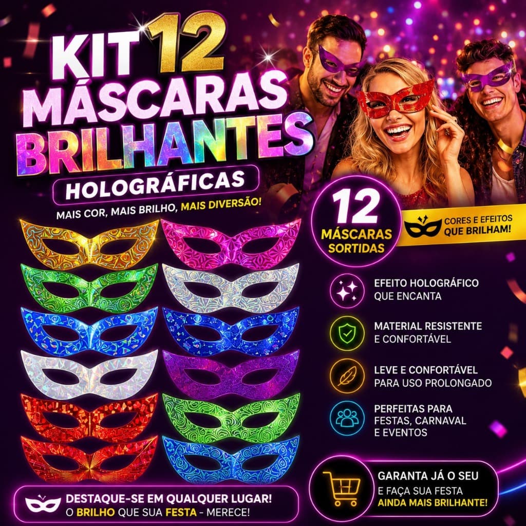 Kit 12 Máscaras Brilhante Holográficas Gatinho Para Festa Carnaval Casamento Brilho Cabelo