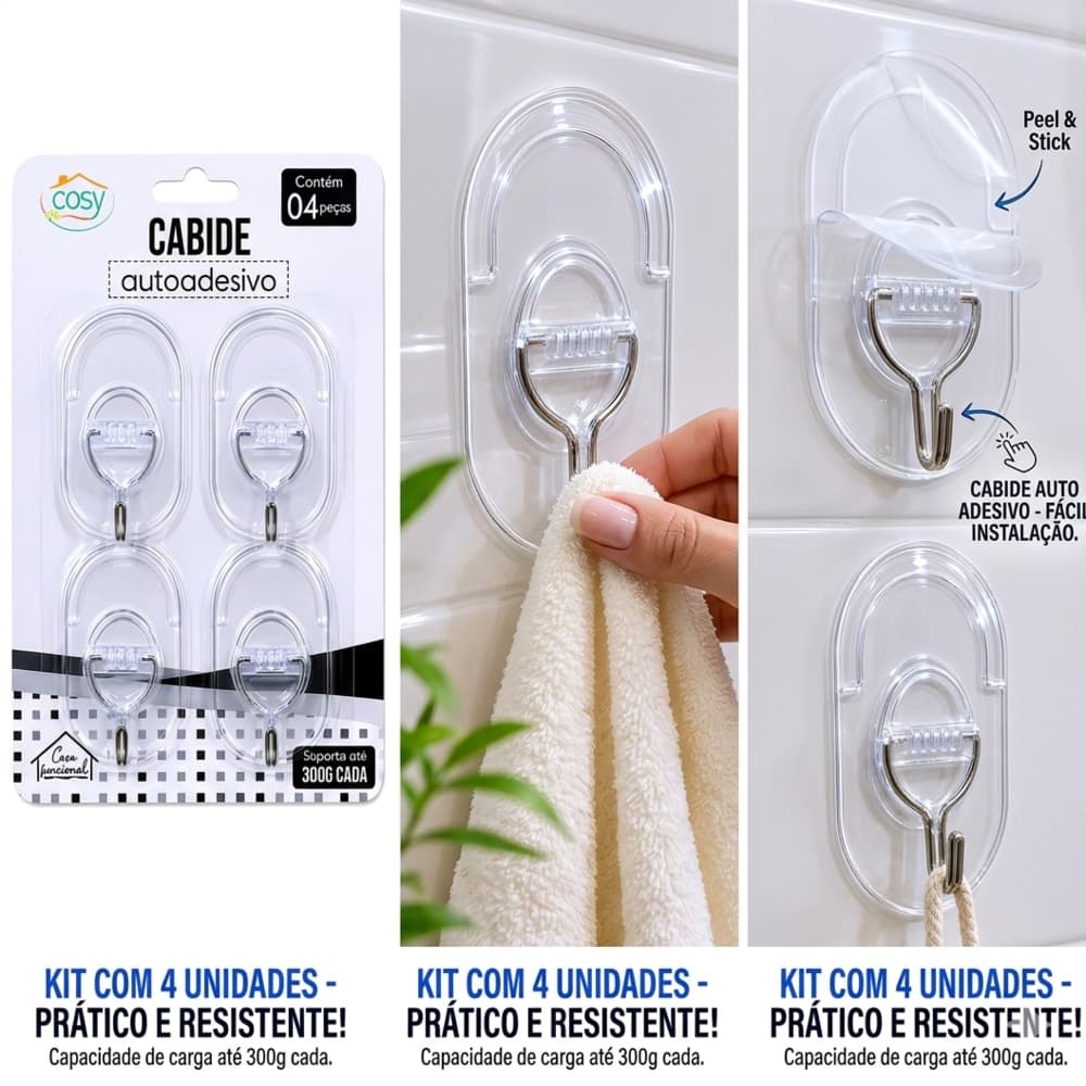 gancho de parede adesivo kit 4 peças Transparentes Para Banheiro Cozinha Quarto
