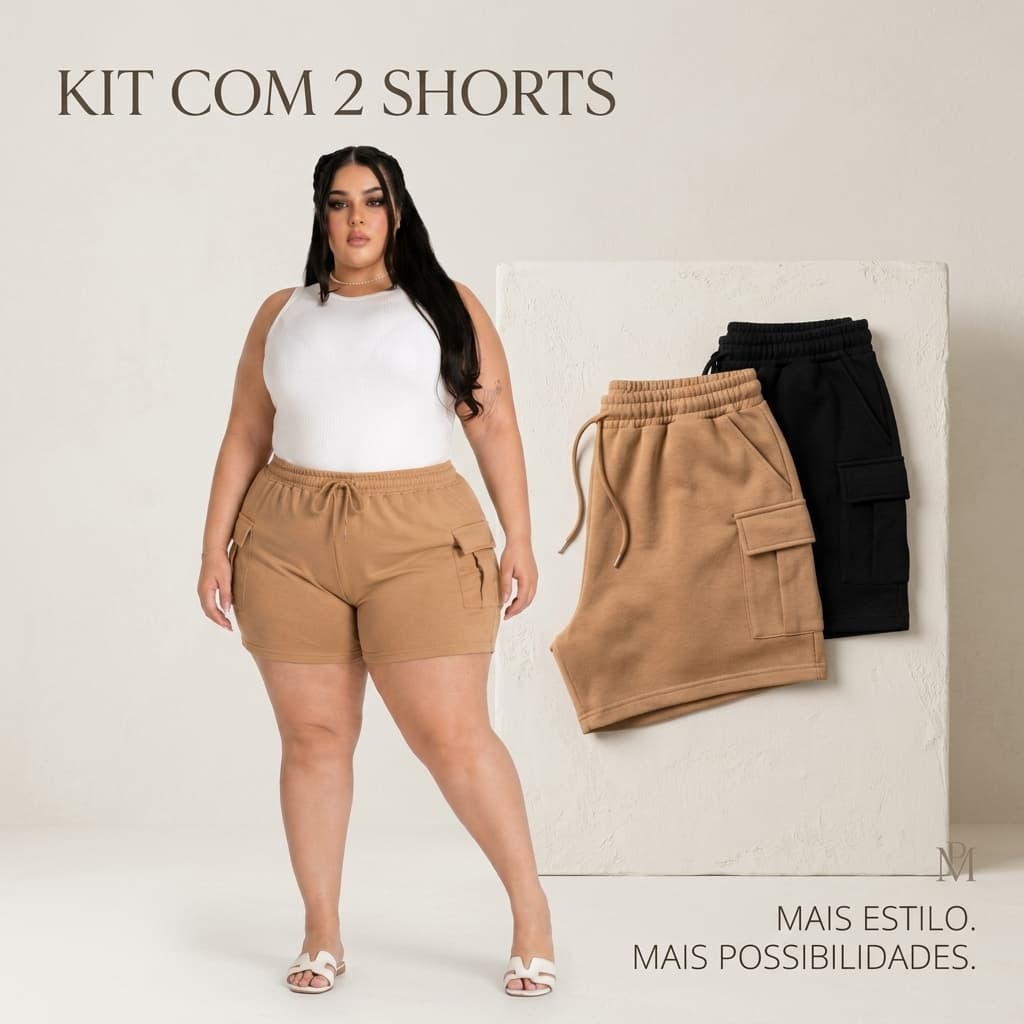 Kit 2 Short Cargo Feminino Plus Size Em Moletinho Com Bolsos Laterais Cordão Ajustável
