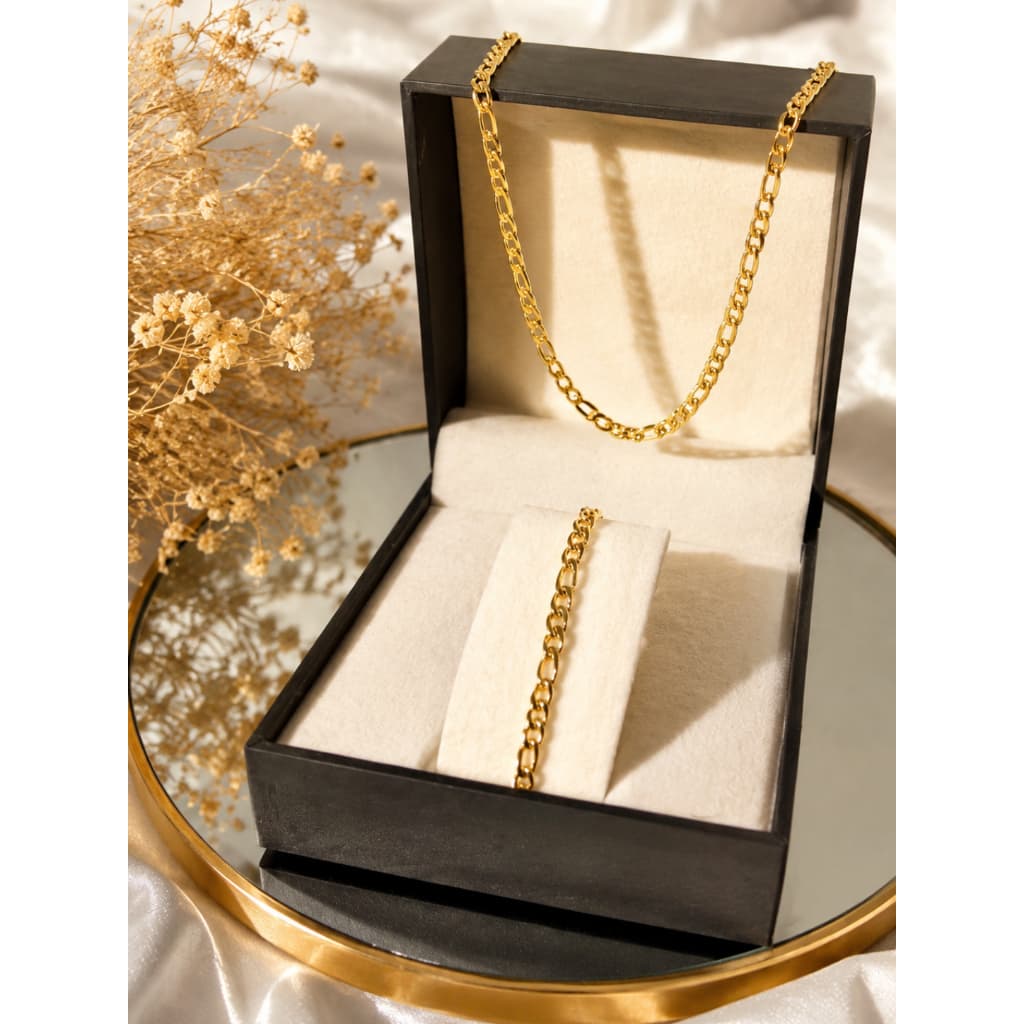 Kit Conjunto Corrente + Pulseira Masculina Dourada Elo 3X1 Aço Inoxidavel 60 cm- Inspiração Grife