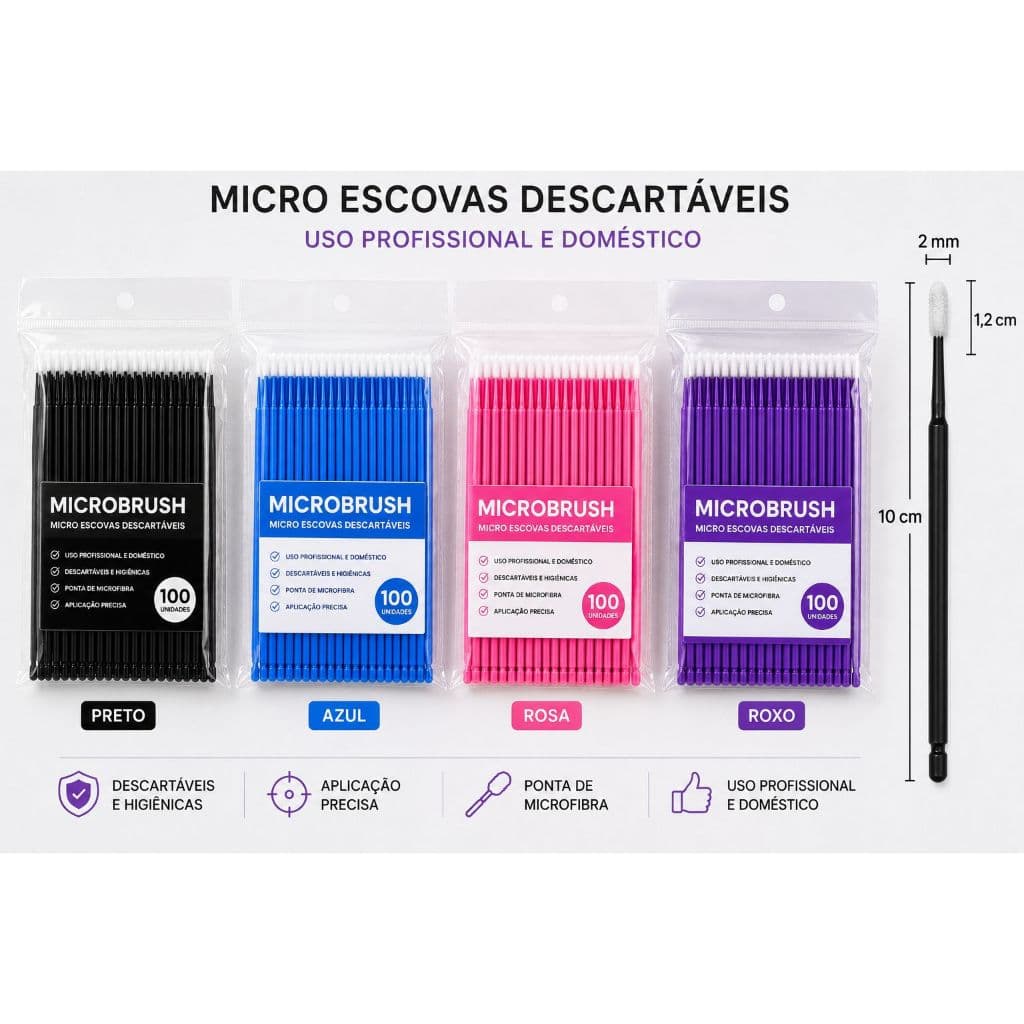 100 Micro Escovas Descartáveis para Cílios e Sobrancelhas Aplicação de Extensão e Limpeza