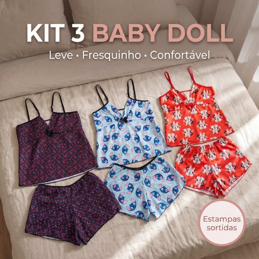 Kit 3 Baby Doll Feminino Adulto Estampado Short Doll Pijama Fresquinho Com Alça Regulável Para Dormir Linha Noite
