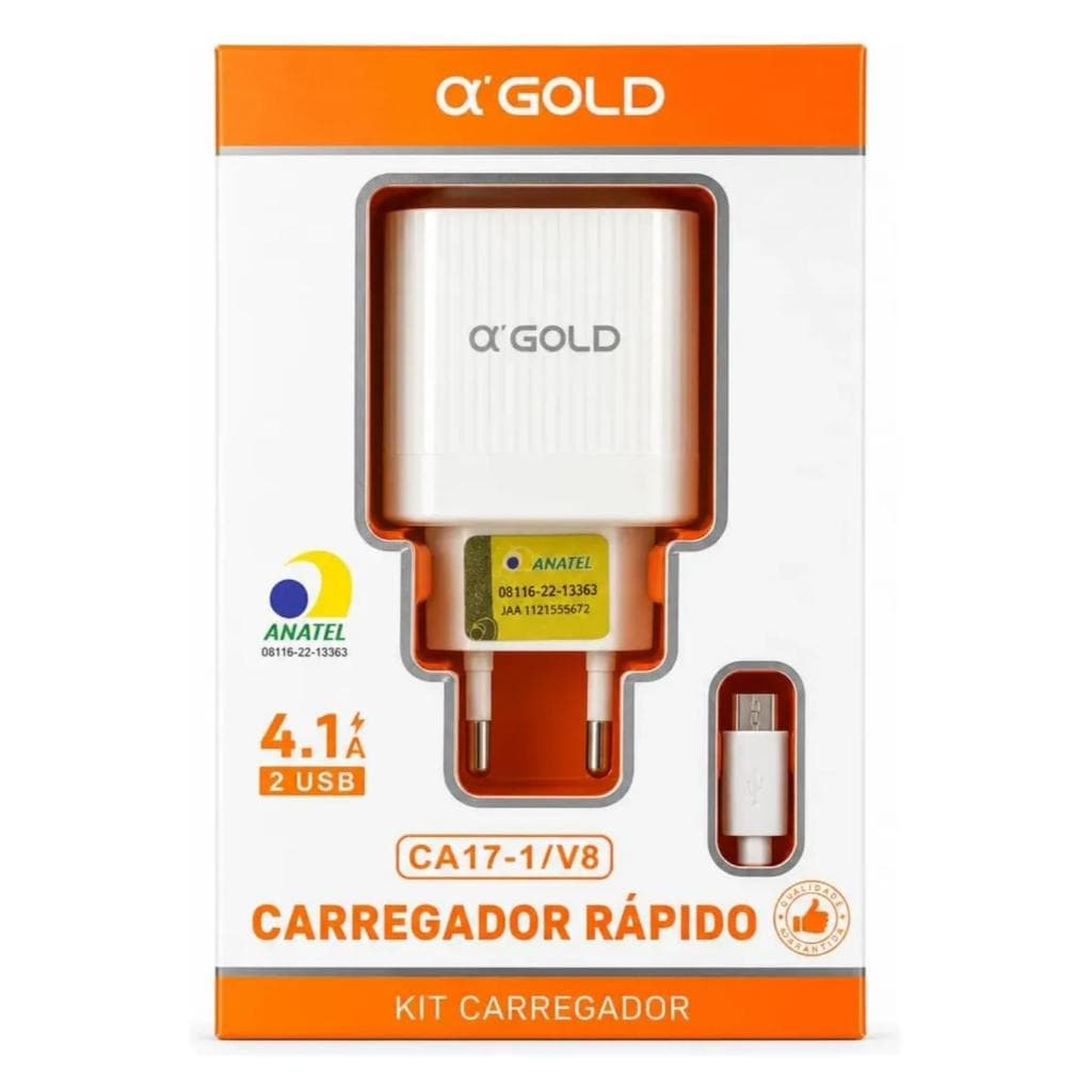 Carregador Rápido A'Gold 4.1A Com 2 Entradas USB E Cabo Micro USB V8 Homologado Anatel CA17-1 Turbo