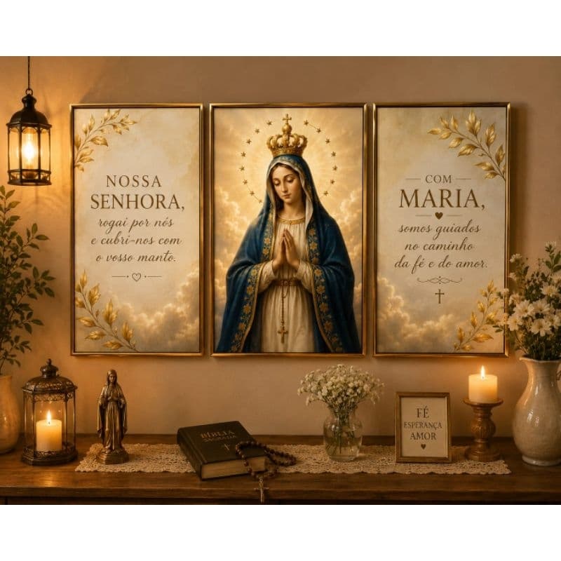Quadro decorativo 3 peças Nossa Senhora fé e proteção