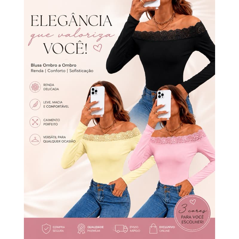 Blusa Feminina Ombro a ombro com renda - Manga Longa Básica versátil outono/inverno- Malha Dry Fit Poliamida