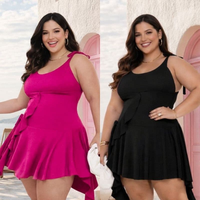 Vestido Plus Size Soltinho com Babado e Alças Reguláveis Tam Único 46 ao 50