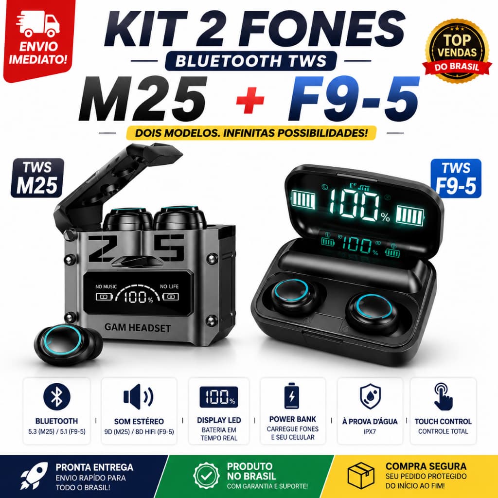 LEVE 2! KIT FONE TWS M25 + F9-5 | BLUETOOTH | POWER BANK | IPX7