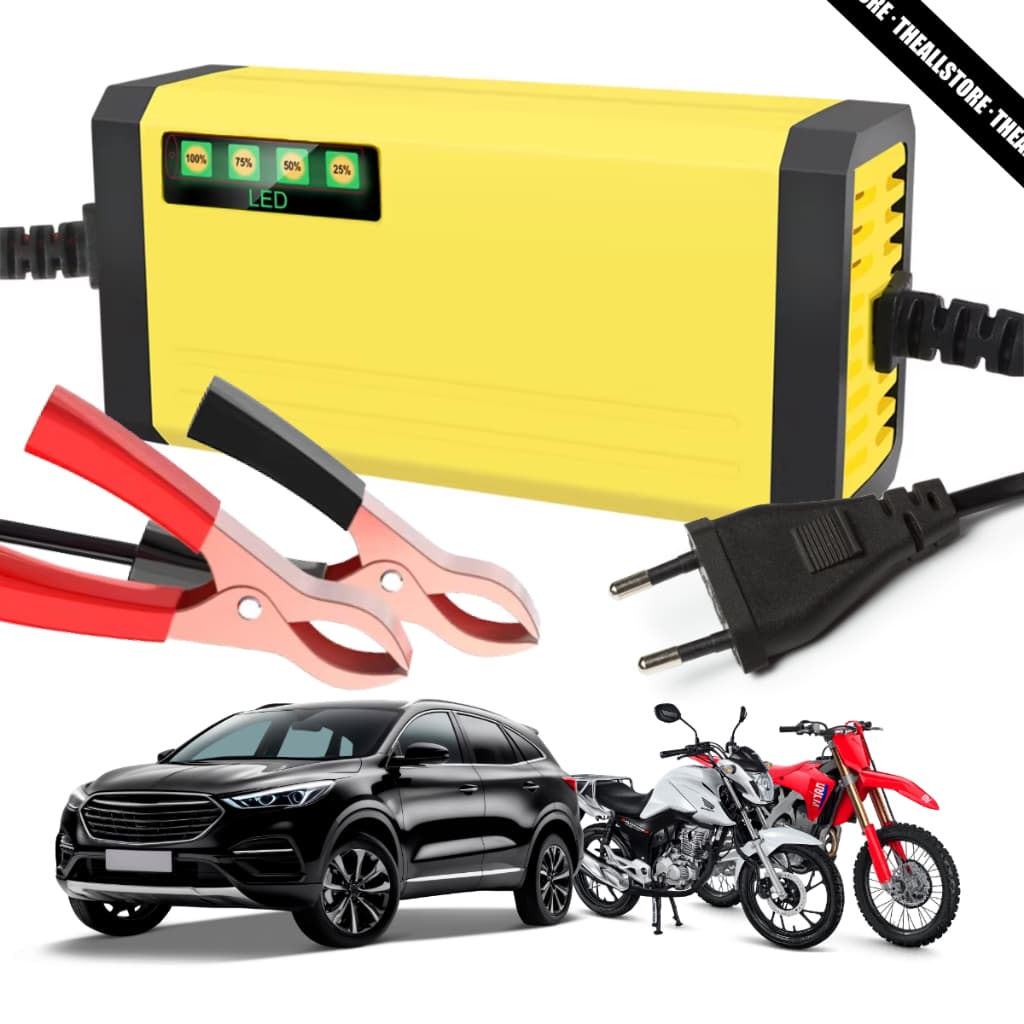Carregador de Bateria Automotivo 12V 2Ah Bivolt Inteligente Moto e Carro LED Proteção Contra Curto