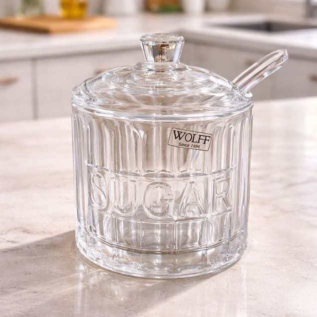 Açucareiro de Cristal Harmony 10cm com Tampa e Colher de Vidro – Elegante e Prático