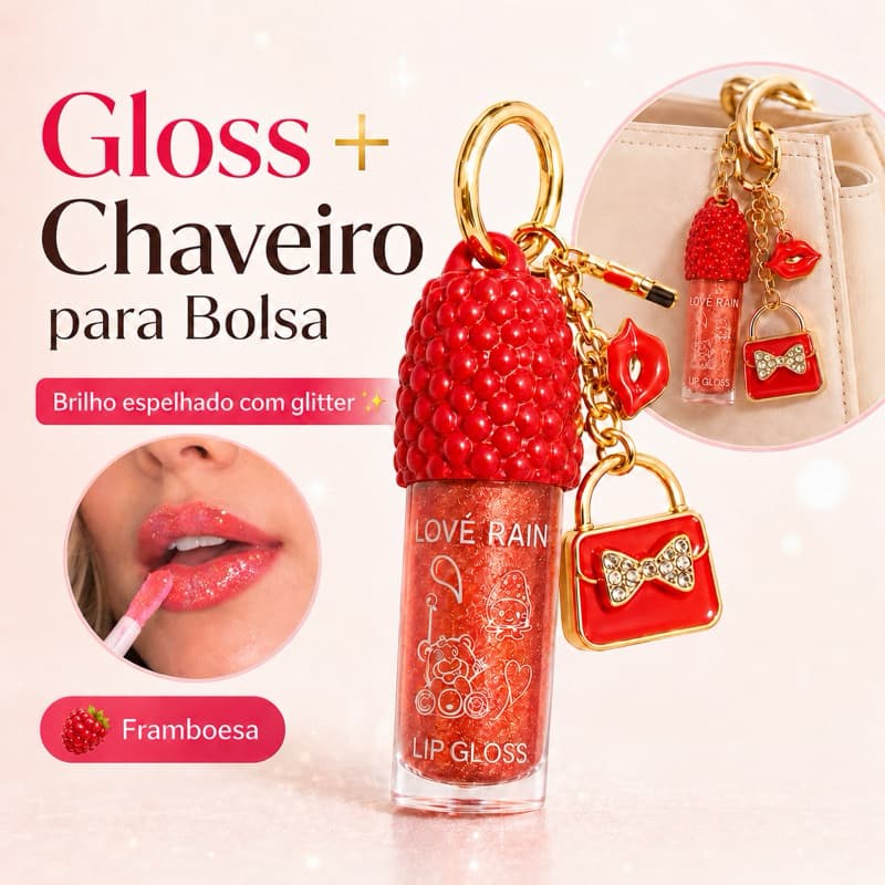Gloss Labial com Chaveiro de Bolsa - Brilho Espelhado Glitter Aroma de Framboesa Acessório Feminino