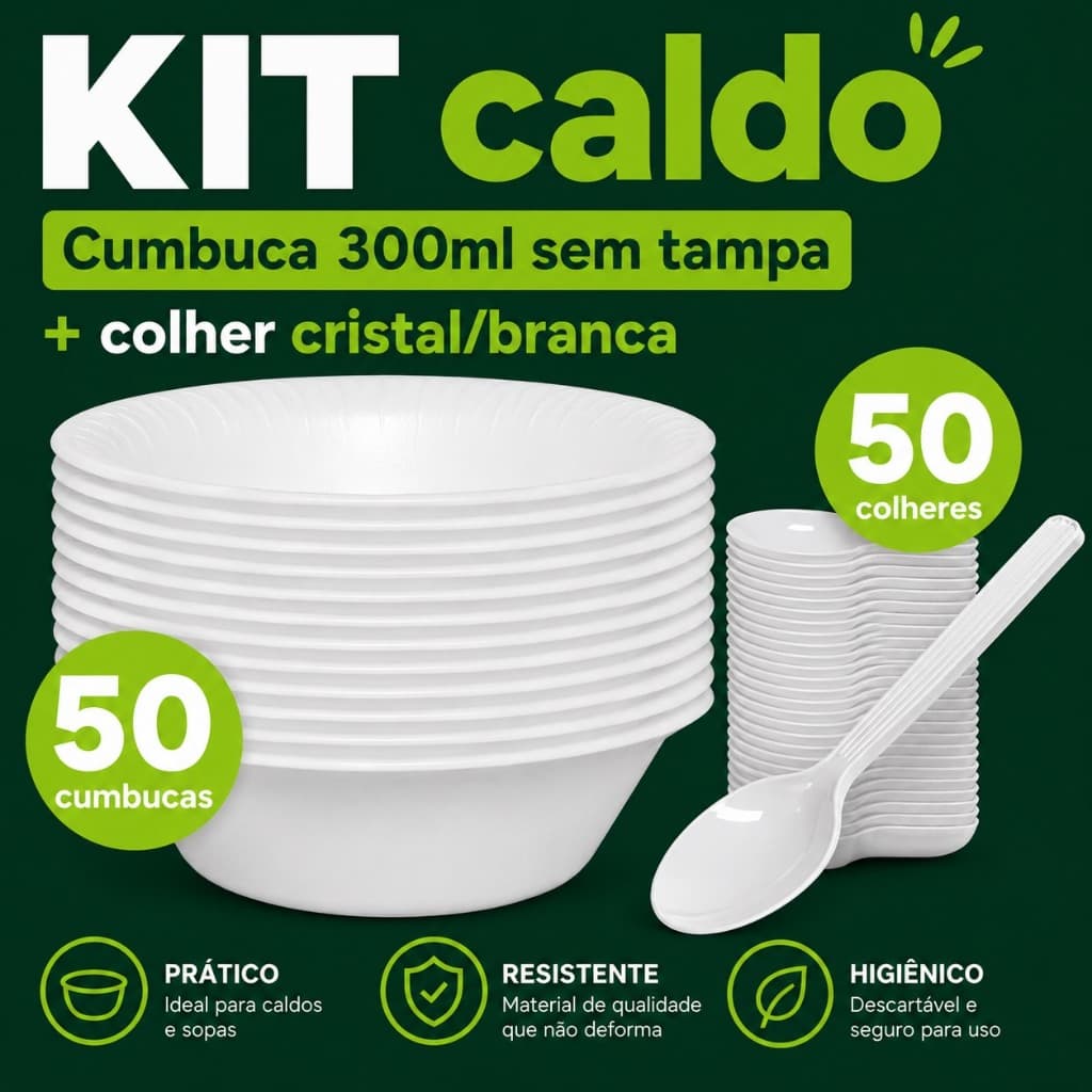 Kit Caldo Com Cumbuca 50 unidades 300ml Sem Tampa + Colher Cristal/Branca Com 50 Unidades para caldos e sopas