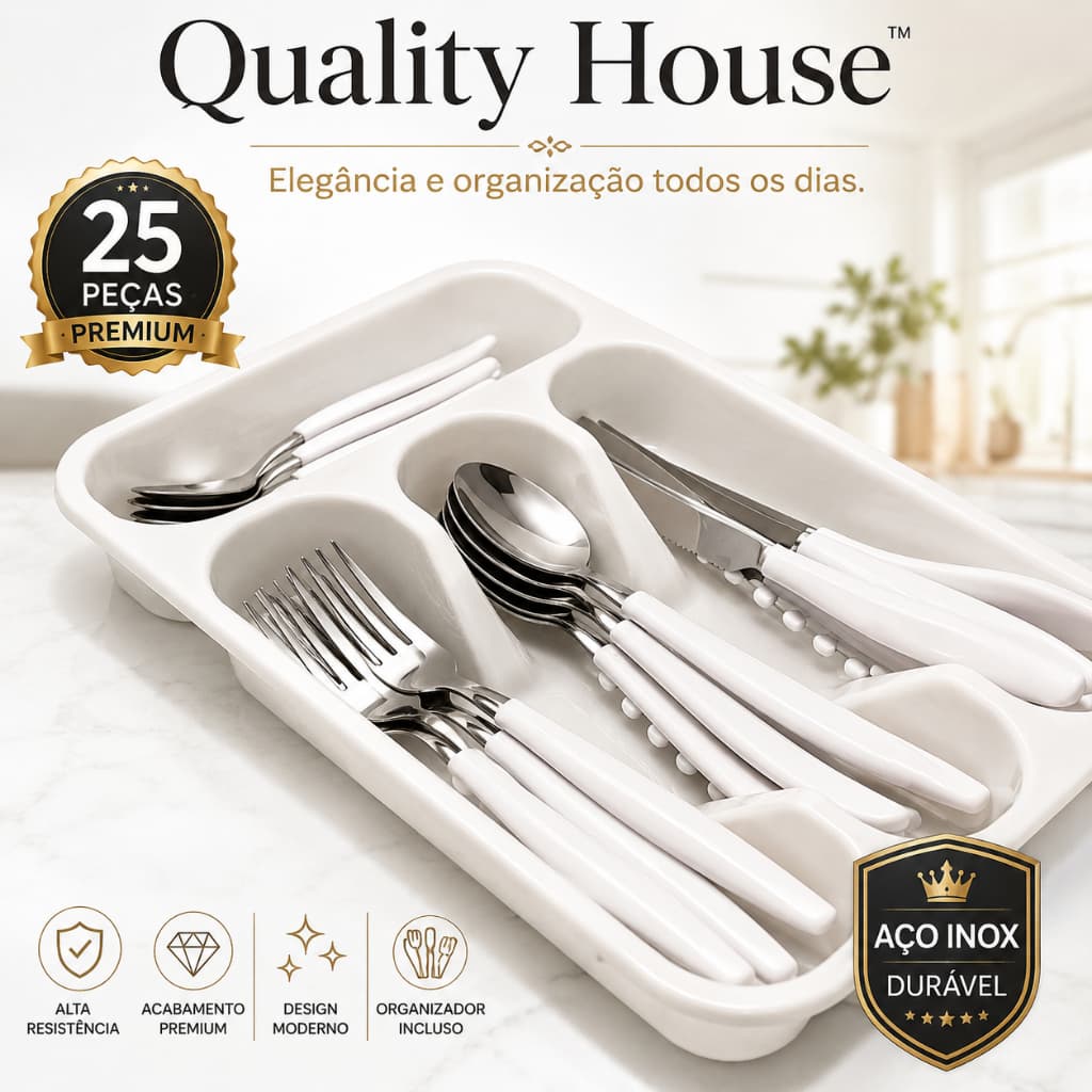 Kit Talheres Aço Inox 25 Peças Branco Com Organizador Cozinha Completo - Quality House