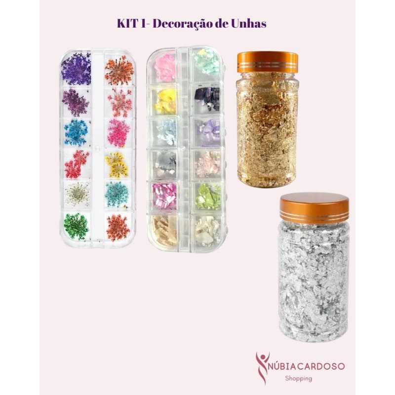 Kit decoração de unhas/ Folhas Douradas e Prata/Folhas Secas/Gliter Flocado/Gliter Neon/Madre Pérola
