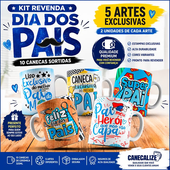Kit 10 Canecas Dia dos Pais para Revenda Atacado | 5 Artes Exclusivas | Prontas para Vender