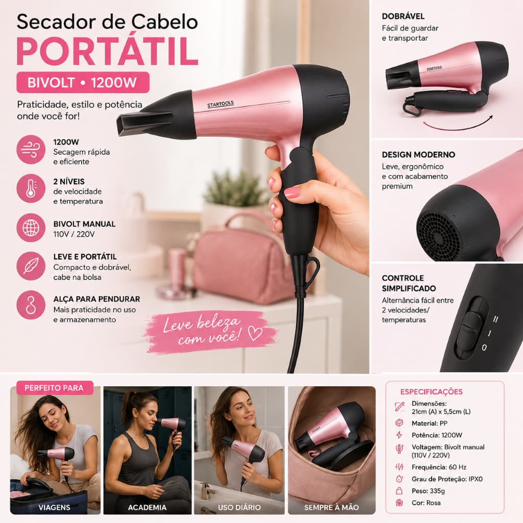 Secador Compacto Portatil 1200w Bivolt Rosa Leve Rapido Profissional