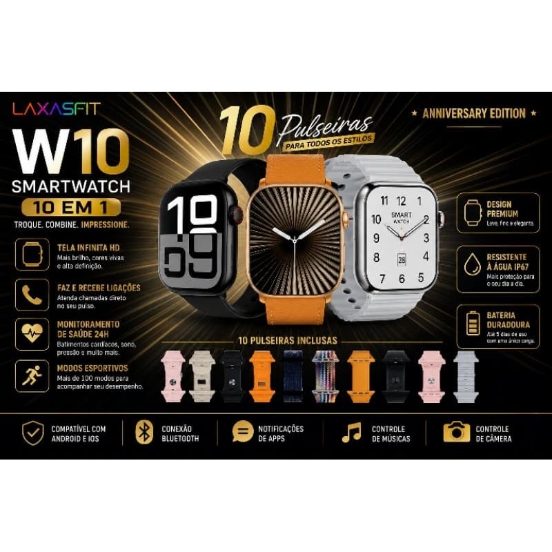 Smartwatch W10 Ultra 46mm Com 10 Pulseiras inteligente