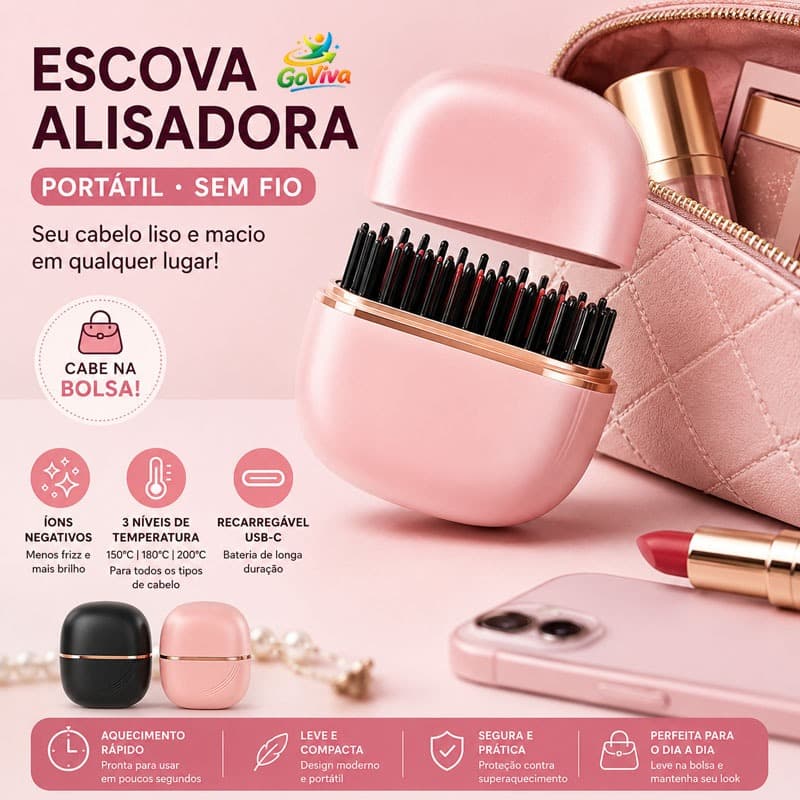 Escova Alisadora de Cabelo Sem Fio Portátil Recarregável Íons Negativos Anti Frizz