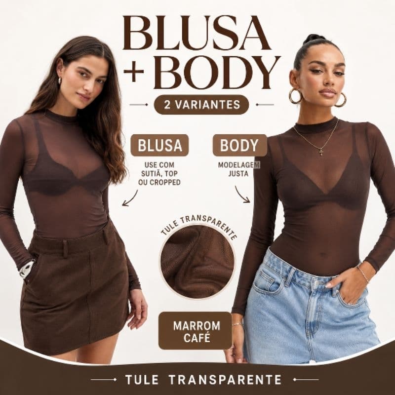 Blusa ou Body Feminino Tule Transparente Segunda Pele Manga Longa Marrom Café